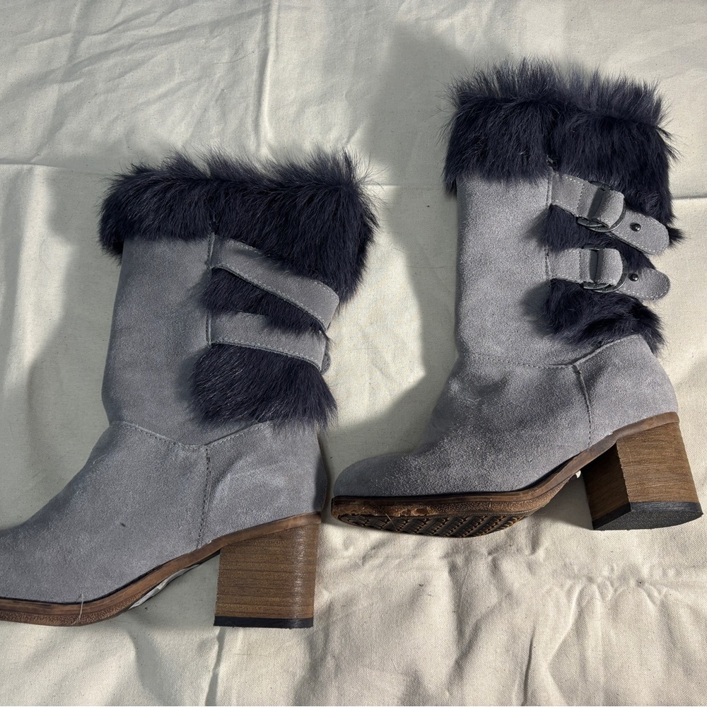 BearPaw Gray Heeled Boots with Fur Trim